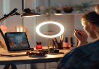 A person applying makeup in front of a ring light, with a smartphone on a tripod recording. The background is a tidy vanity table with makeup products. Photorealistic, soft lighting, shallow depth of