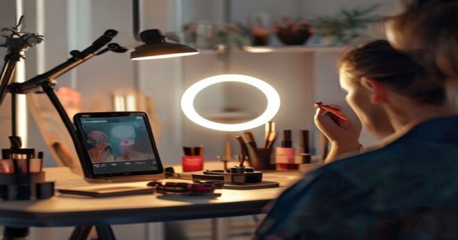 A person applying makeup in front of a ring light, with a smartphone on a tripod recording. The background is a tidy vanity table with makeup products. Photorealistic, soft lighting, shallow depth of