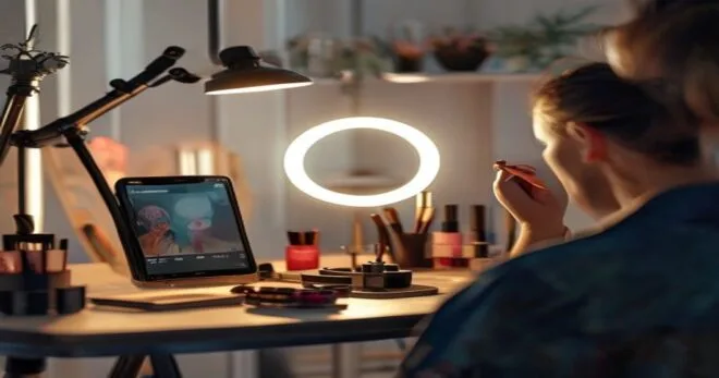 A person applying makeup in front of a ring light, with a smartphone on a tripod recording. The background is a tidy vanity table with makeup products. Photorealistic, soft lighting, shallow depth of