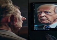 A photorealistic image of a person looking at a split screen, where one side shows a real video of a politician speaking and the other side shows a deepfake version of the same politician saying somet