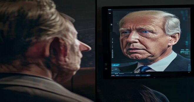 A photorealistic image of a person looking at a split screen, where one side shows a real video of a politician speaking and the other side shows a deepfake version of the same politician saying somet