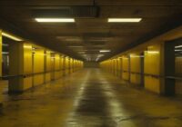 Photorealistic image of a dimly lit, endless corridor of yellowed office rooms with flickering fluorescent lights, evoking the eerie atmosphere of the Backrooms. No people, no text, no logos.