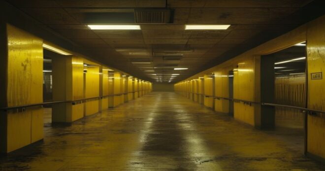 Photorealistic image of a dimly lit, endless corridor of yellowed office rooms with flickering fluorescent lights, evoking the eerie atmosphere of the Backrooms. No people, no text, no logos.