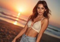 Emily Ratajkowski posing on a beach at sunset, wearing a casual outfit, looking natural and confident, photorealistic style with warm golden light, high detail, no text or logos