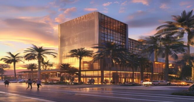 Photorealistic image of the JW Marriott Hotel Lima exterior at sunset, with modern architecture and palm trees, luxurious entrance, people walking, clear sky, warm lighting.