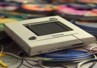 A photorealistic image of a vintage MP3 player from the early 2000s, such as an iPod classic or a Creative Zen, with earphones and a pile of colorful CDs in the background, symbolizing the transition