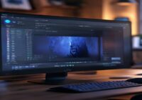 A photorealistic image of a modern desktop computer monitor displaying the Fedora KDE Plasma desktop interface, with a blurred background showing a cozy home office setup. The screen shows a clean, da