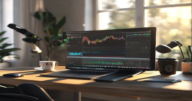 A photorealistic image of a modern home studio desk with a laptop displaying Audacity software waveform editing, headphones, microphone, and a cup of coffee. Natural lighting, clean composition.