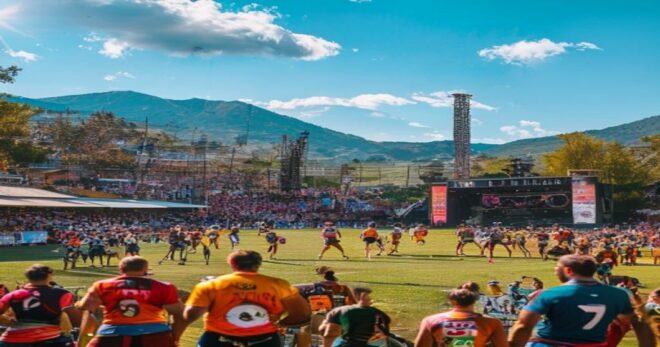 A vibrant scene at a rugby field in Monzón, Spain, during the Fat Rugby festival. Players in colorful jerseys are mid-match, while a stage with musical instruments and speakers is set up nearby. Crow