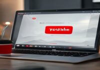 A photorealistic image of a laptop screen showing YouTube's upload interface with a new checkbox labeled 'Content generated or modified with AI' highlighted in red. The background is a modern desk wit