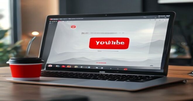 A photorealistic image of a laptop screen showing YouTube's upload interface with a new checkbox labeled 'Content generated or modified with AI' highlighted in red. The background is a modern desk wit