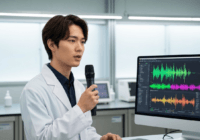A photorealistic image of a person speaking into a microphone while a computer screen shows waveforms and AI analysis graphs, in a modern laboratory setting with soft lighting.