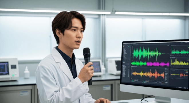 A photorealistic image of a person speaking into a microphone while a computer screen shows waveforms and AI analysis graphs, in a modern laboratory setting with soft lighting.