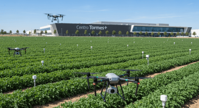 A photorealistic image of a high-tech agricultural field in Salamanca, Spain, with drones flying over green crops and sensors on the ground. The background shows a modern research center with the sign
