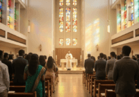 A photorealistic image of a diverse group of people from different ages and ethnicities attending a religious service in a modern church, with a priest giving a sermon, soft natural light coming throu