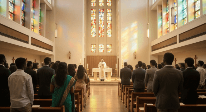 A photorealistic image of a diverse group of people from different ages and ethnicities attending a religious service in a modern church, with a priest giving a sermon, soft natural light coming throu
