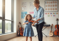 A photorealistic image of a cheerful child playing a violin in a bright, modern music classroom with posters of musical notes on the wall. The teacher, a smiling woman, is gently guiding the child's h