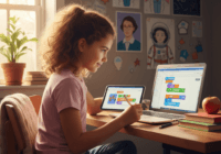 A photorealistic image of a young girl around 10 years old, sitting at a desk in a cozy room, focused on a laptop screen showing a coding interface with colorful blocks (like Scratch). She has a thoug