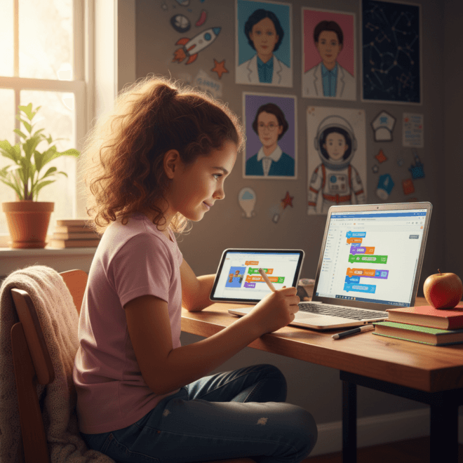 A photorealistic image of a young girl around 10 years old, sitting at a desk in a cozy room, focused on a laptop screen showing a coding interface with colorful blocks (like Scratch). She has a thoug