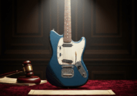 A photorealistic image of a vintage Fender Mustang guitar with a blue finish, displayed under a spotlight on a velvet pedestal in an auction house, with a gavel and catalog visible in the background.