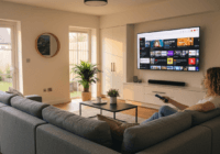 A modern living room with a large smart TV on the wall displaying the YouTube homepage. A person sits on a cozy sofa holding a remote control. The room has warm lighting, a coffee table, and a plant.