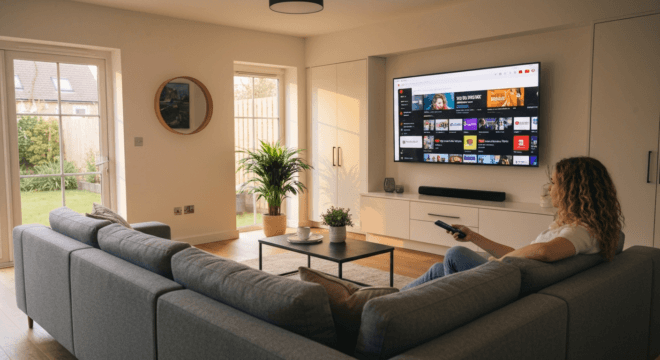 A modern living room with a large smart TV on the wall displaying the YouTube homepage. A person sits on a cozy sofa holding a remote control. The room has warm lighting, a coffee table, and a plant.