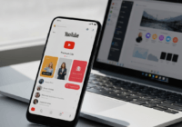 A photorealistic image of a smartphone screen showing the YouTube app with a 'Premium Lite' badge, and a laptop in the background displaying the Google AI Pro interface. The scene is well-lit with nat