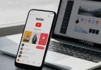 A photorealistic image of a smartphone screen showing the YouTube app with a 'Premium Lite' badge, and a laptop in the background displaying the Google AI Pro interface. The scene is well-lit with nat
