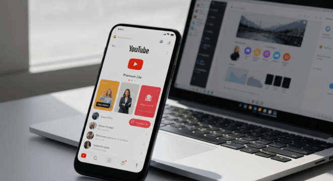 A photorealistic image of a smartphone screen showing the YouTube app with a 'Premium Lite' badge, and a laptop in the background displaying the Google AI Pro interface. The scene is well-lit with nat