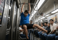 A young man wearing a blue shirt and black shorts hanging from the handrails inside a moving subway car in Mexico City, other passengers looking shocked, realistic photo style, high detail, safety haz