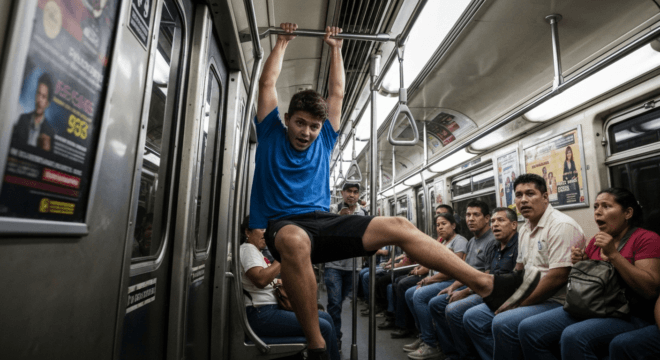 A young man wearing a blue shirt and black shorts hanging from the handrails inside a moving subway car in Mexico City, other passengers looking shocked, realistic photo style, high detail, safety haz