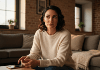 Photo realistic portrait of a woman in her 30s with a thoughtful expression, sitting in a cozy living room, looking away from a smartphone placed on a table, warm natural lighting, no text or logos