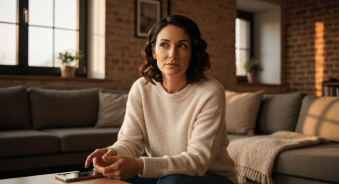 Photo realistic portrait of a woman in her 30s with a thoughtful expression, sitting in a cozy living room, looking away from a smartphone placed on a table, warm natural lighting, no text or logos