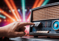 A realistic photo of a vintage radio with cassette tapes and a hand pressing play, with a blurred background of concert lights.