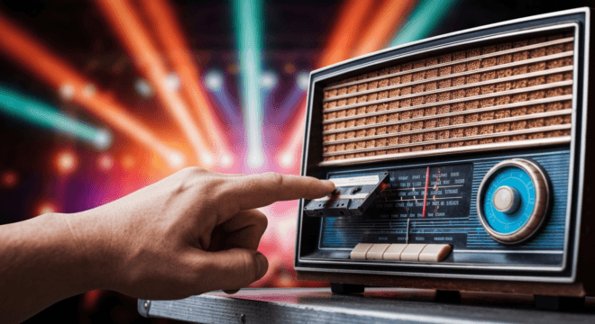 A realistic photo of a vintage radio with cassette tapes and a hand pressing play, with a blurred background of concert lights.