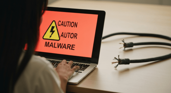 A realistic photo of a person using a laptop with a caution sign about malware, next to a broken electrical cable on the floor, illustrating the analogy between electric shock and dangerous downloads.
