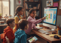A diverse group of children, boys and girls, sitting together in front of a computer, looking at a coding tutorial on screen. One girl is pointing at the screen with excitement. Style: photorealistic,