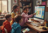 A diverse group of children, boys and girls, sitting together in front of a computer, looking at a coding tutorial on screen. One girl is pointing at the screen with excitement. Style: photorealistic,