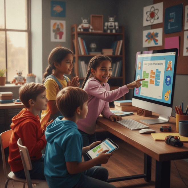 A diverse group of children, boys and girls, sitting together in front of a computer, looking at a coding tutorial on screen. One girl is pointing at the screen with excitement. Style: photorealistic,