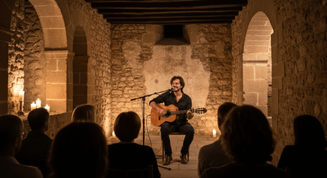 A musician, Carlos Ares, performing an intimate acoustic concert in a rustic stone-walled venue in Zamora, Spain, with warm candlelight and a small audience enraptured, surrounded by medieval architec