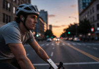 A cyclist riding through a bustling city street at sunset, wearing a helmet and listening to music with bone conduction headphones, with a smartphone mounted on the handlebars showing a playlist, phot