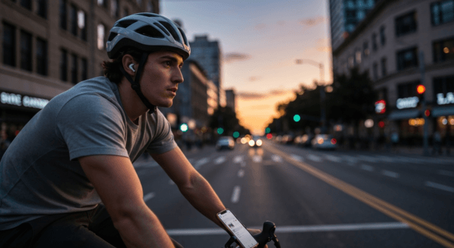 A cyclist riding through a bustling city street at sunset, wearing a helmet and listening to music with bone conduction headphones, with a smartphone mounted on the handlebars showing a playlist, phot