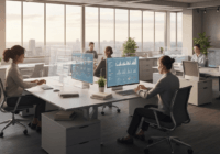 A futuristic office scene with holographic AI agents assisting human workers using SaaS dashboards, photorealism, no text, no logos.