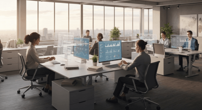 A futuristic office scene with holographic AI agents assisting human workers using SaaS dashboards, photorealism, no text, no logos.