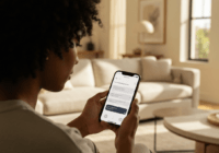A photorealistic image of a person using an iPhone with Siri AI interface, showing a conversational UI with context-aware suggestions, in a modern living room setting, natural lighting, no text or log