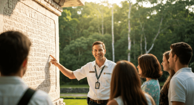 A professional tour guide standing in front of the Temple of the Inscriptions in Palenque, wearing a official badge, smiling, with a small group of tourists listening attentively, lush jungle backgrou