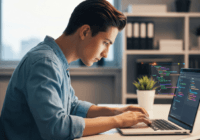 A software developer working in a modern office, using a laptop with AI code suggestions appearing in the editor. The atmosphere is creative and focused, with glowing code lines and a vibe of collabor