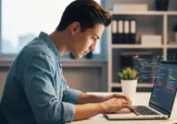 A software developer working in a modern office, using a laptop with AI code suggestions appearing in the editor. The atmosphere is creative and focused, with glowing code lines and a vibe of collabor
