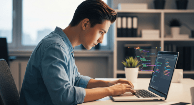 A software developer working in a modern office, using a laptop with AI code suggestions appearing in the editor. The atmosphere is creative and focused, with glowing code lines and a vibe of collabor