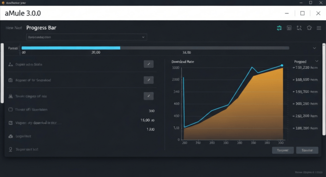 A screenshot of the new aMule 3.0.0 interface showing a progress bar with speeds labeled, next to a graph showing download rates increasing dramatically. Modern dark theme, clean layout.